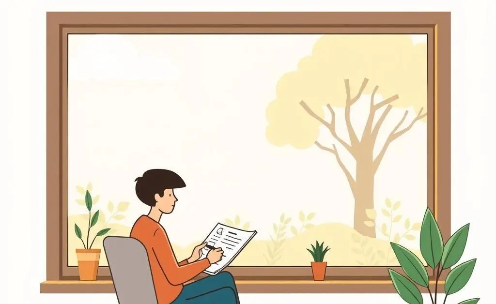 A minimalist cartoon of someone calmly planning investments with nature outside the window