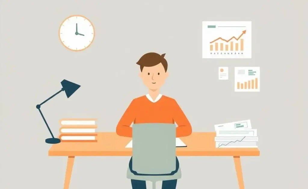 Minimalist illustration of a person sitting calmly at a desk with financial charts and planners.