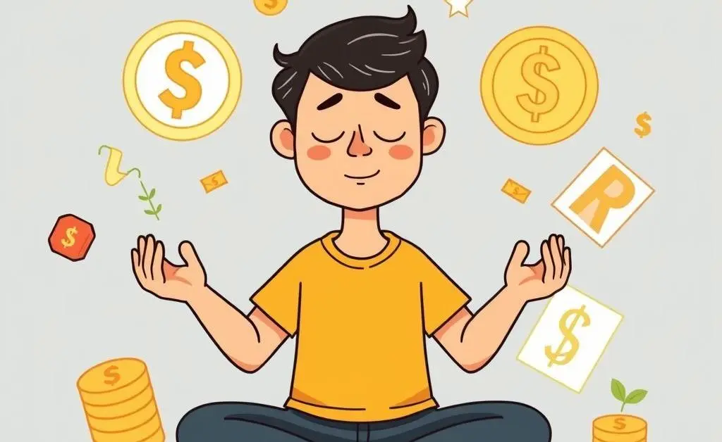 Person meditatively surrounded by investment symbols