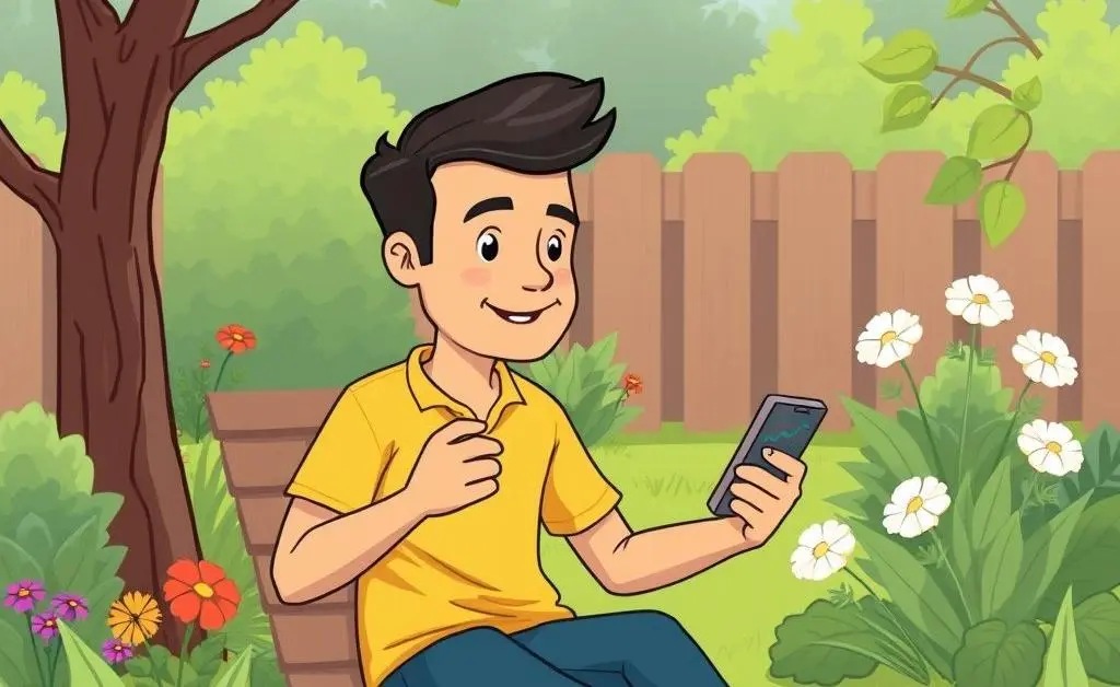 A calm person checking investments on their smartphone in a garden