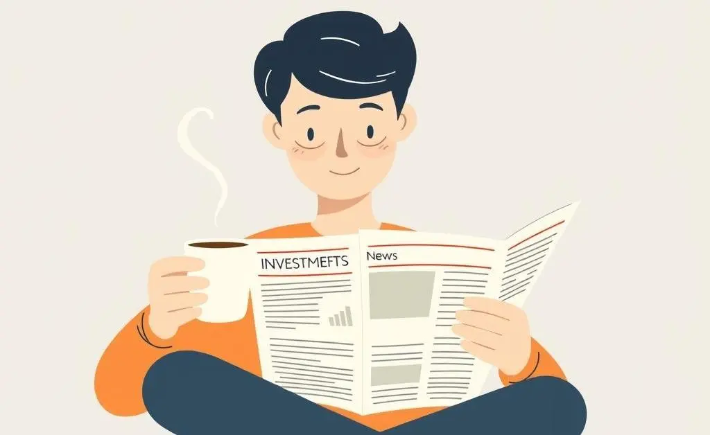 Minimalist illustration of a person calmly reading investment news with a cup of coffee
