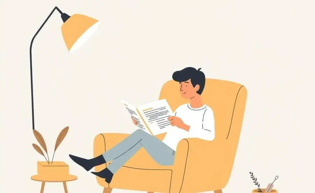 A minimalist illustration of a person sitting on a cozy chair.