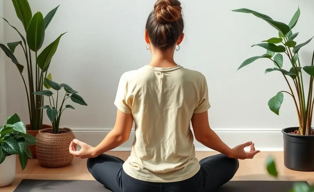 A serene scene with a person meditating on a yoga mat, surrounded by plants and financial books.