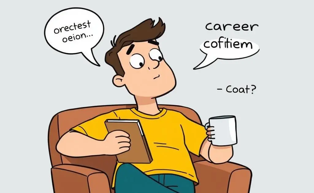 Cartoon-style scene of a person leaning back in a chair with a notebook and mug, reflecting on career options.