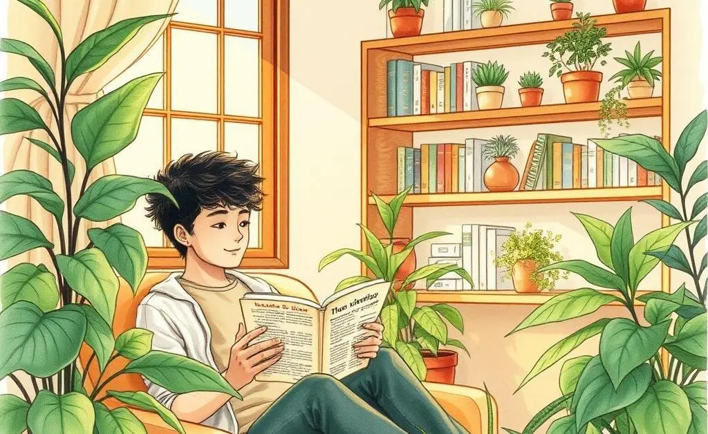 Hand-drawn image depicting a calm setting with plants and a person reading a book on investing