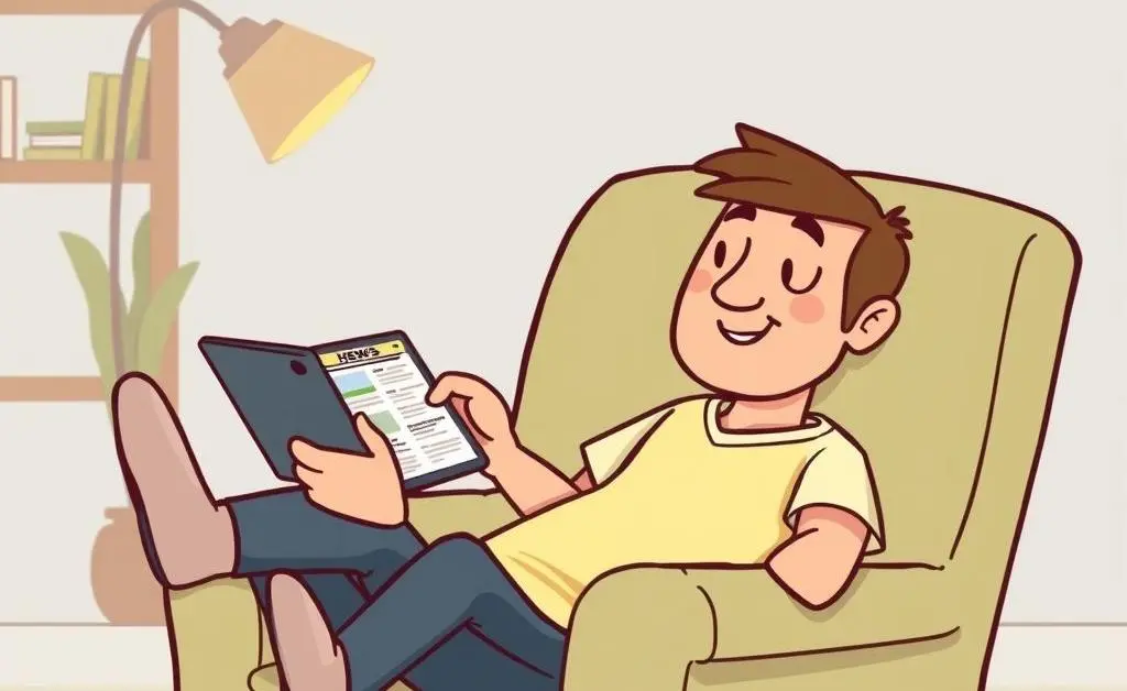 Person relaxed while reading financial news on a tablet.