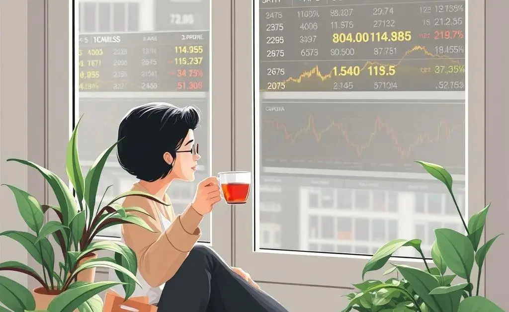 A person sipping tea at a window seat, surrounded by plants and looking at stock market data, exuding calmness.