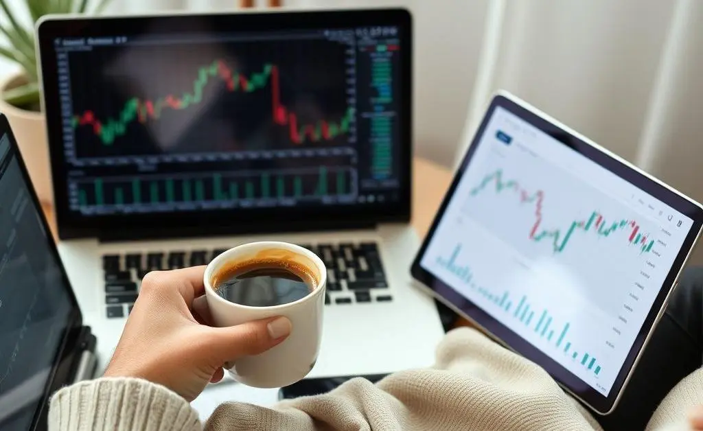 Person relaxed with coffee and stock charts