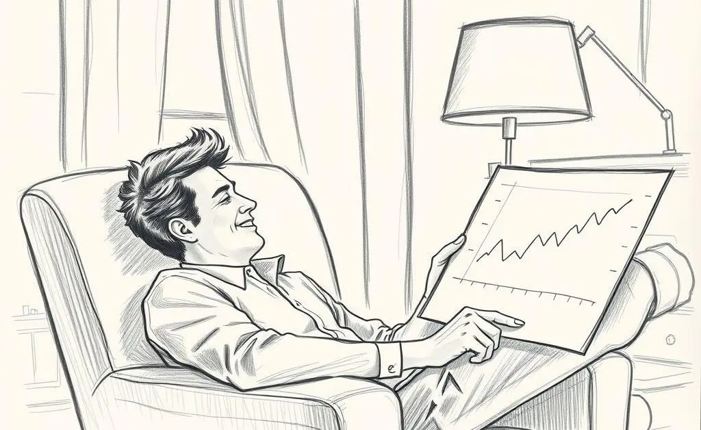A hand-drawn image of a person relaxing while looking at simple investment charts.