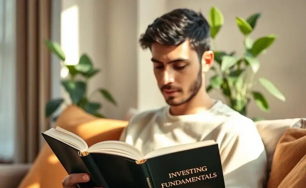 A tranquil living room setting where someone is reading an 'Investing Basics' book, suggesting peaceful learning.