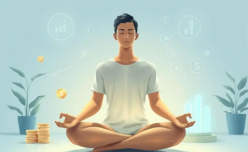 A peaceful scene of a person meditating with investment tools around them