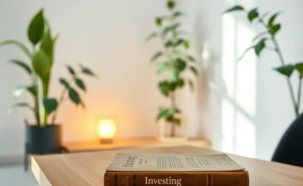 A serene image featuring a minimalist room with plants, a book titled 'Investing', and a soft-lit lamp.