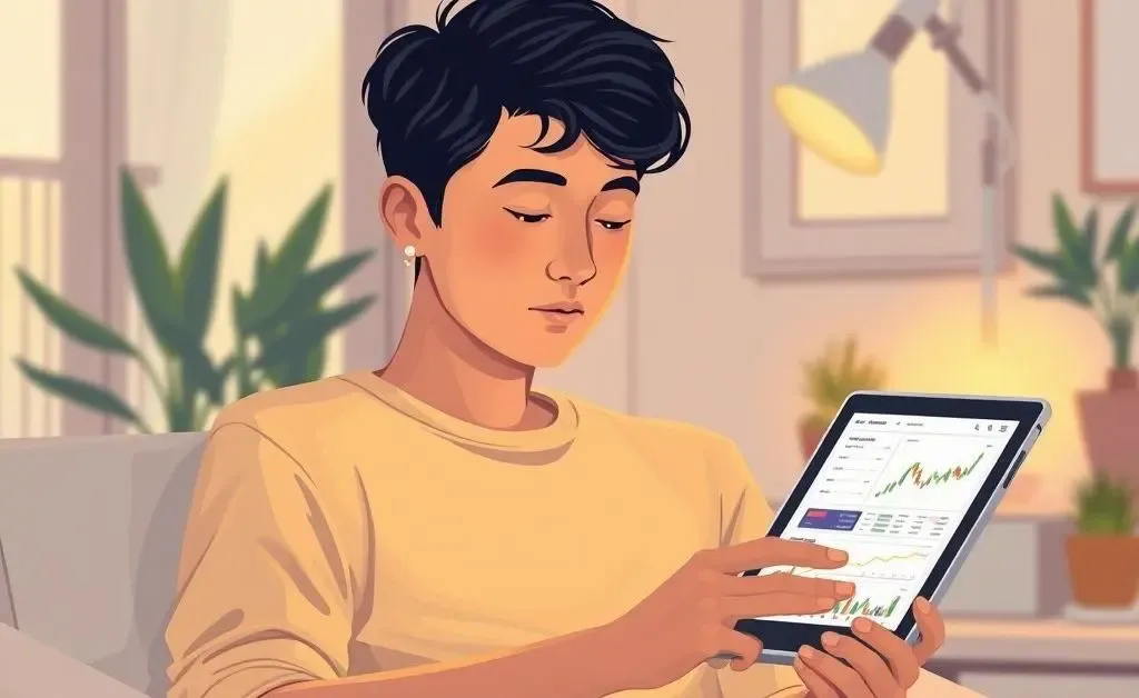 Illustration of a person calmly reading investment news on a tablet.