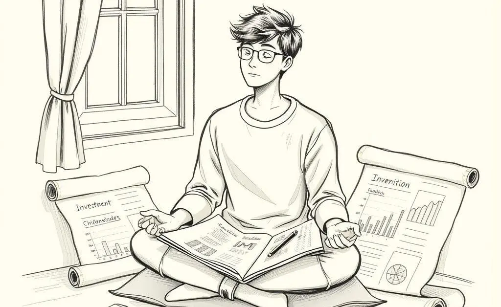 A serene scene with a person meditatively reviewing investment charts.