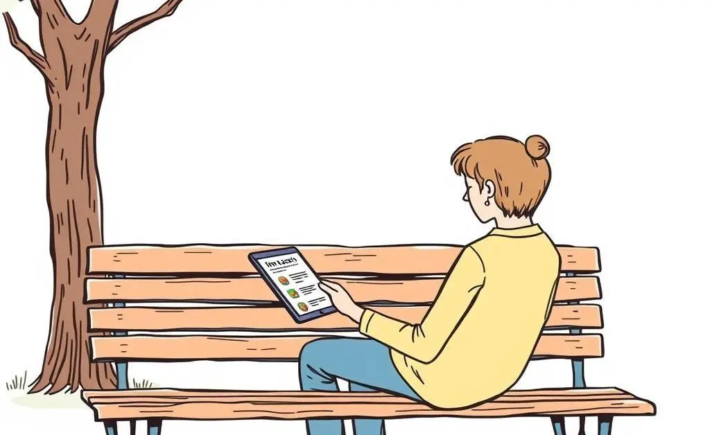 Hand-drawn image of a serene person sitting on a park bench, browsing investment information on a tablet.