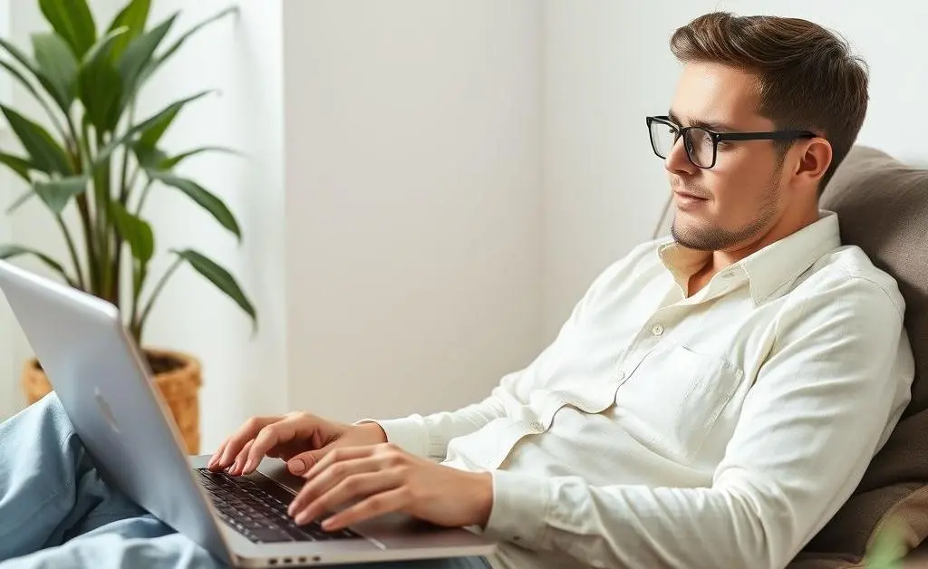 A peaceful scene of someone relaxing with a laptop, handling investments, with a plant in the background.