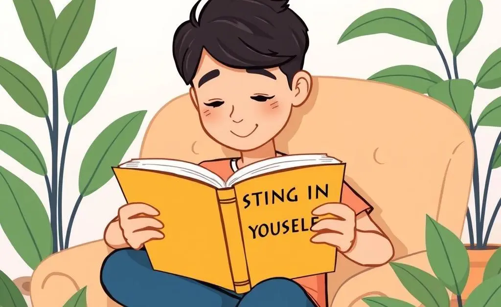 Person reading a book titled 'Investing in Yourself' in a cozy setting