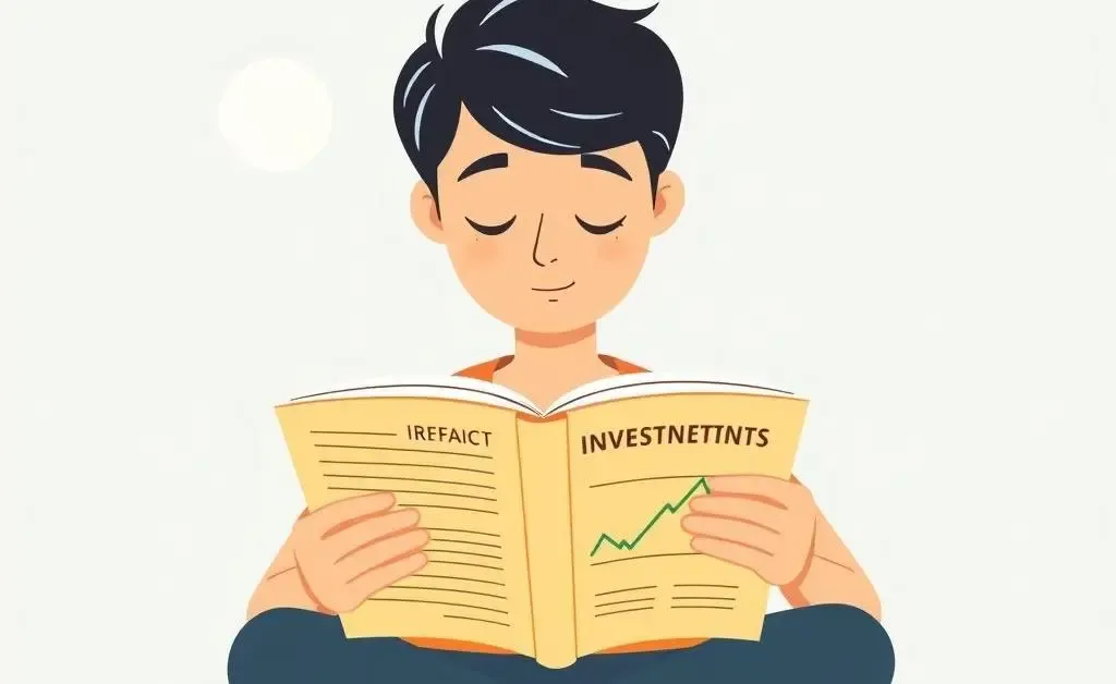 A person calmly reading an investment book with a serene backdrop.