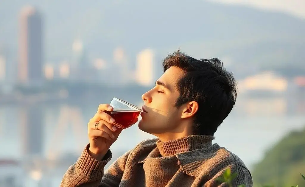 A serene scene of someone peacefully contemplating investments while sipping tea.