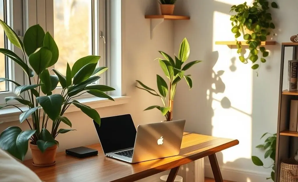 A calm, inviting home workspace with a laptop and a plant.