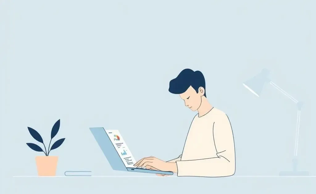 A minimalist illustration of a person calmly researching investments on a laptop.