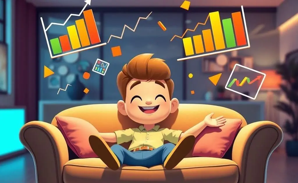 A person relaxing with financial graphs and charts