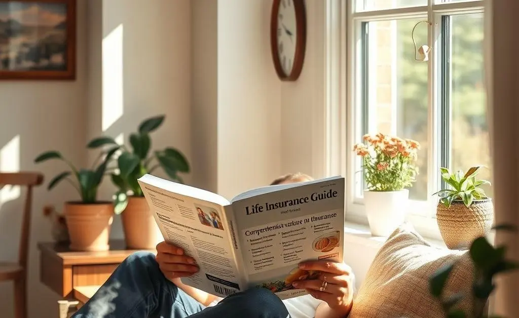 A person reading about life insurance in a sunny room.