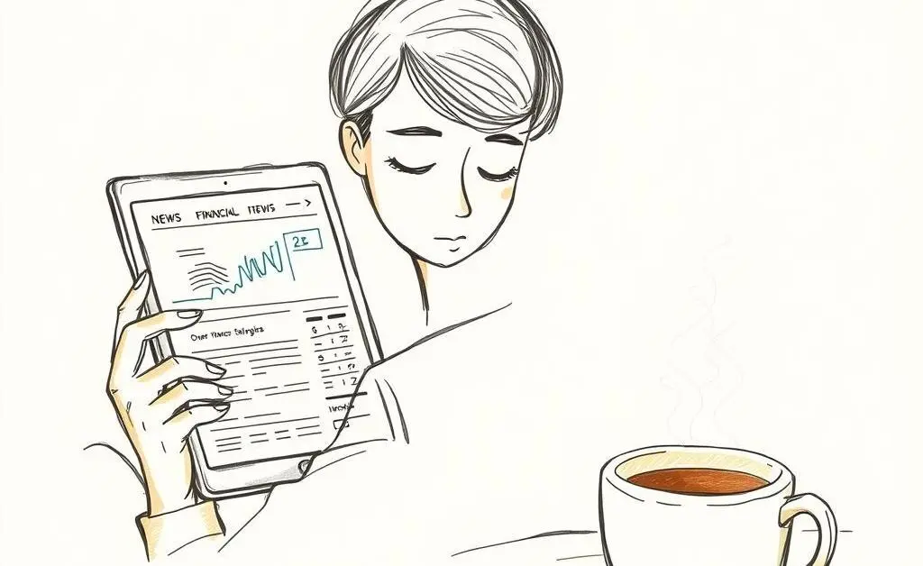 A hand-drawn aesthetic of a person meditatively looking at financial news on a tablet with a cup of coffee.