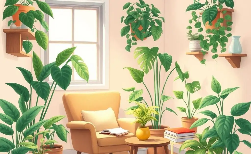 A serene room with plants and financial books for mindful investing.