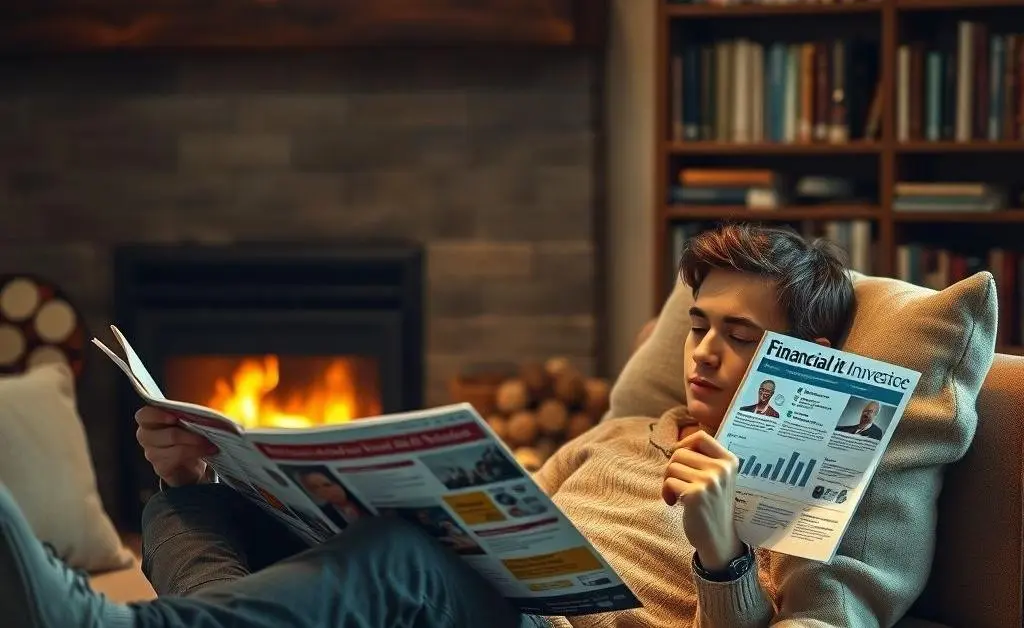 A serene scene of a person sitting relaxed, reading investment brochures in a cozy setting.