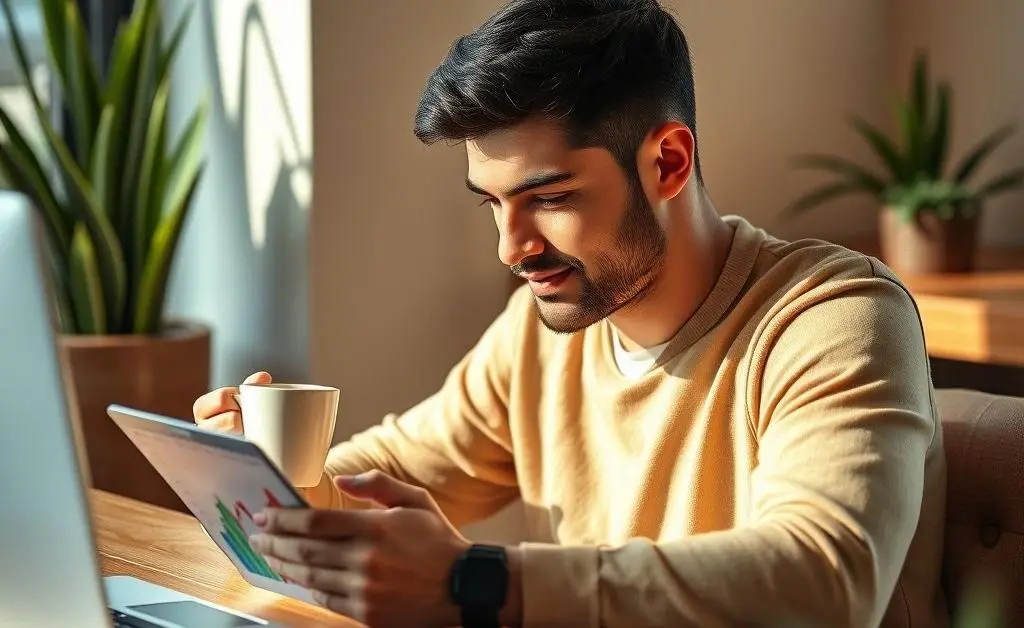 Scene showing a relaxed person sipping coffee while reviewing a stock portfolio