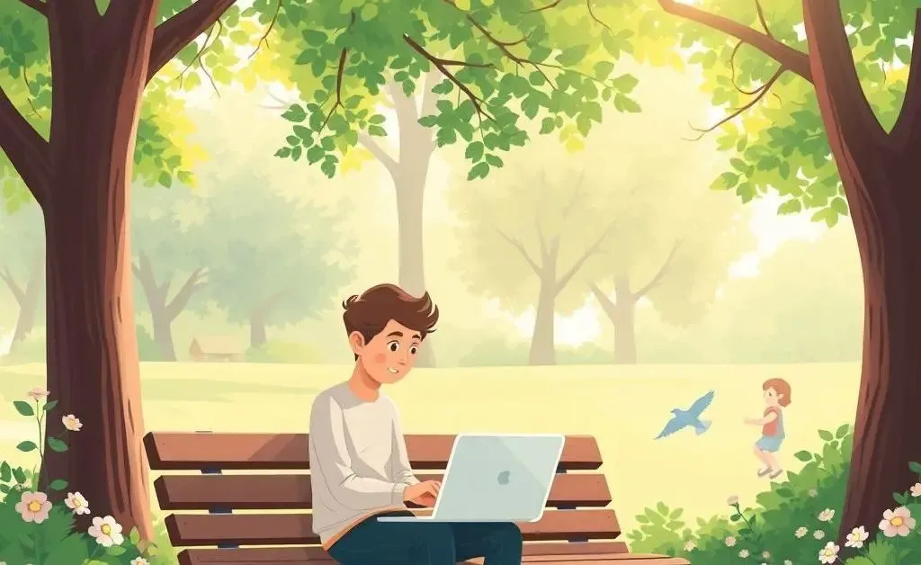 A calming, cartoon-style scene of someone sitting in a park with a laptop, reviewing their stock investments.