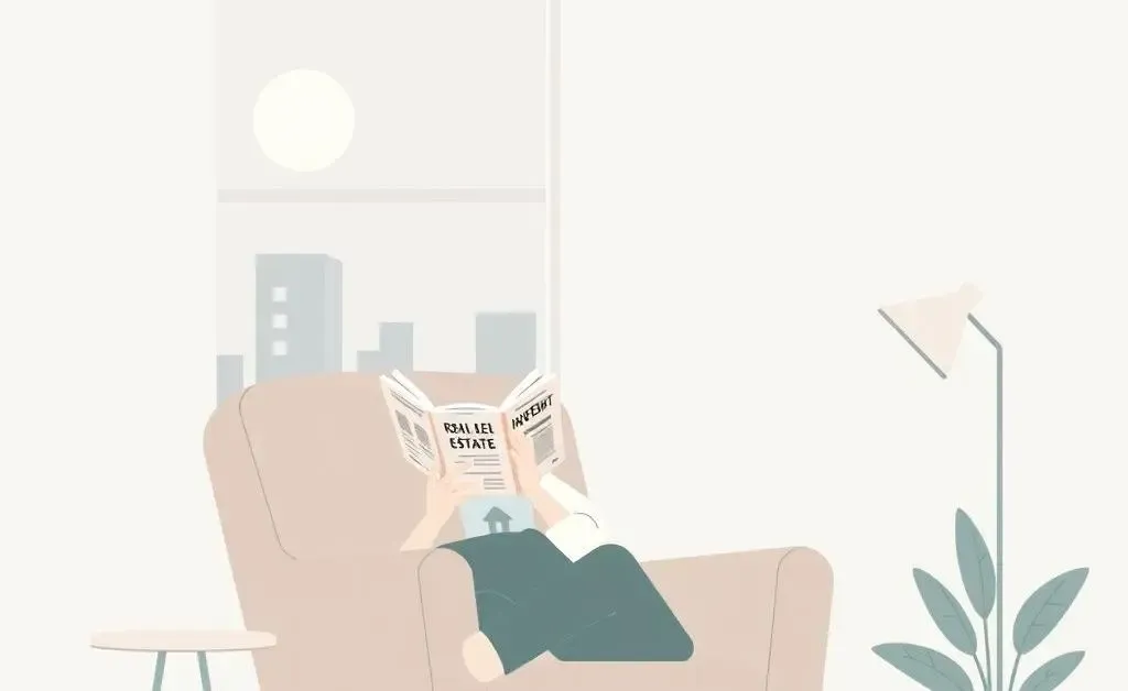 Minimalist illustration of a peaceful scene with a person reading an investment book in a cozy nook.