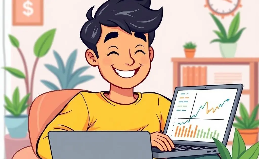 Cartoon of a relaxed person smiling while reviewing investments on a laptop