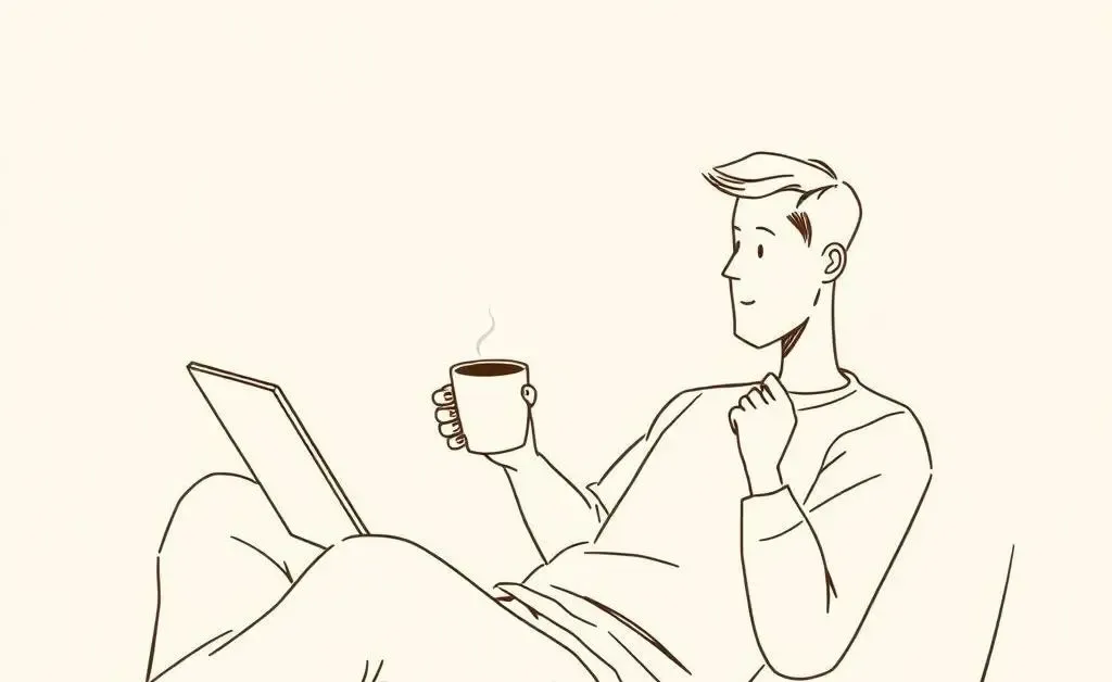 Person relaxing with a cup of coffee while tracking investments on a tablet.