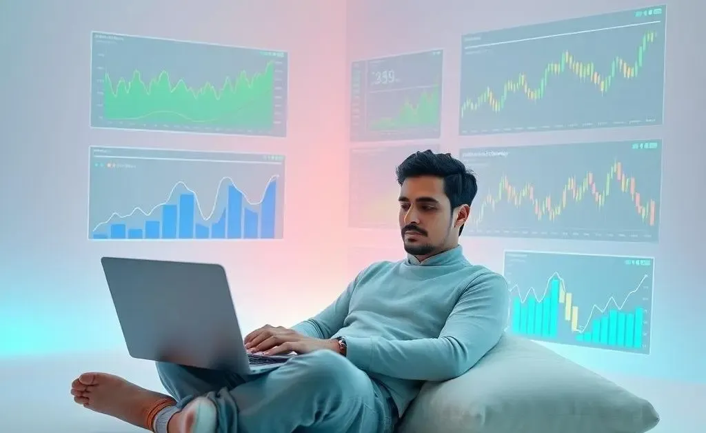 A relaxed person sitting with laptop, surrounded by peaceful financial charts and graphs