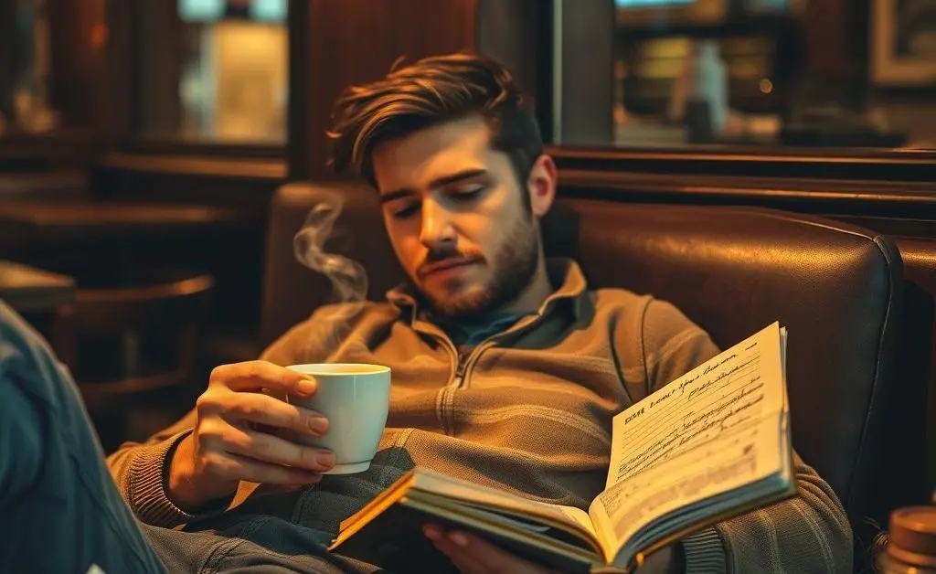 Traveler sitting calmly with a coffee, calculating travel expenses.