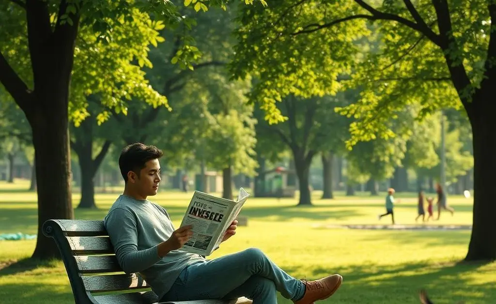 A serene landscape with a person reading an investment magazine on a park bench