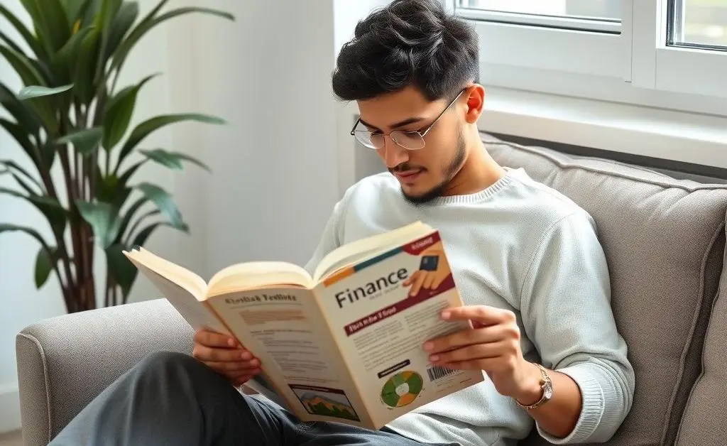 A person sitting calmly on a couch, reading a finance book next to a plant and window.