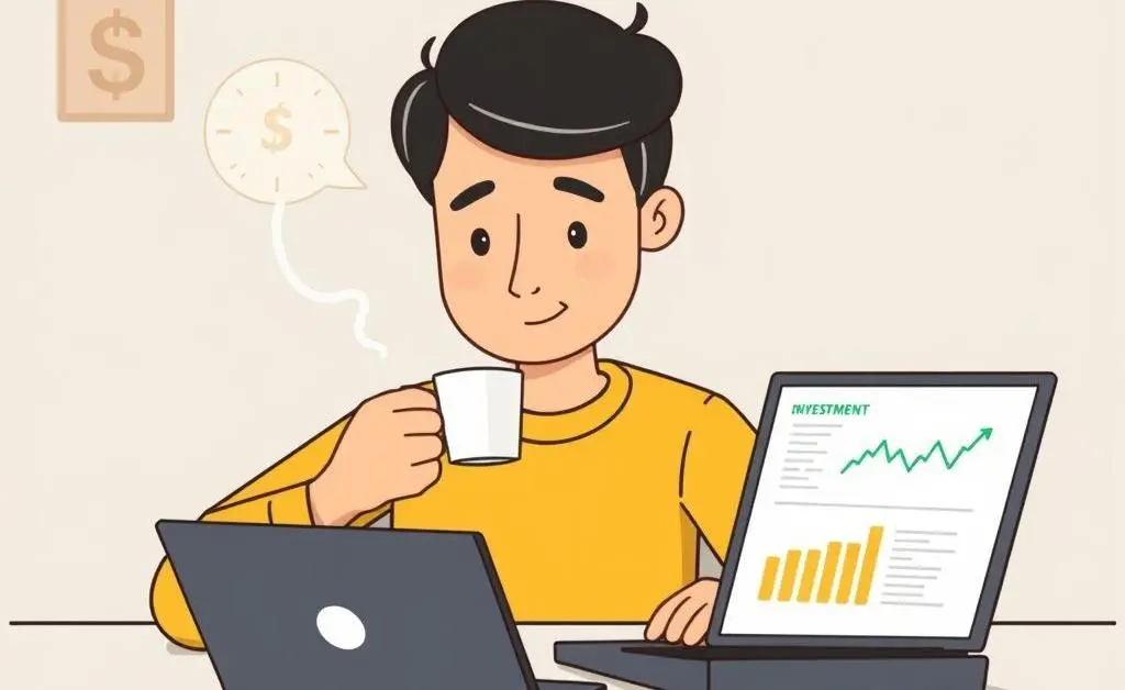 A calm cartoon-style scene of a person sipping tea and researching investments on a laptop.