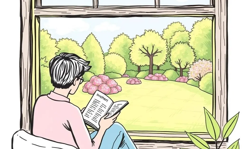 Hand-drawn art of a person sitting by a window reading an investment book with a serene garden view.