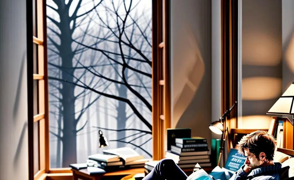 A peaceful scene of a person reading an investment guide in a cozy room.