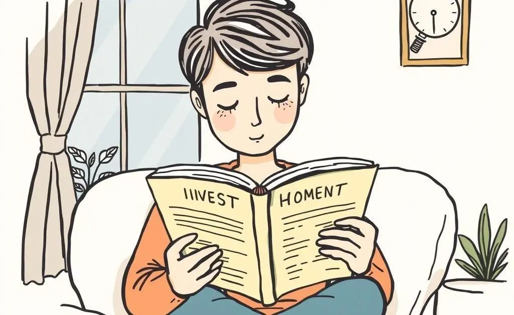 Person reading an investment book in a cozy room