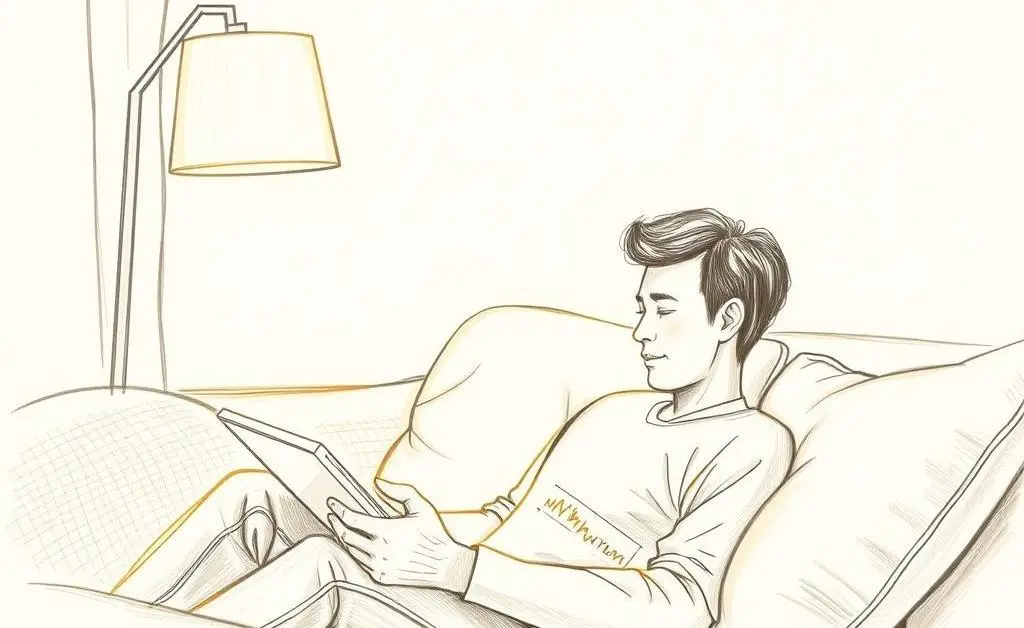 Hand-drawn illustration of a person peacefully checking investment charts on a tablet in a cozy setting