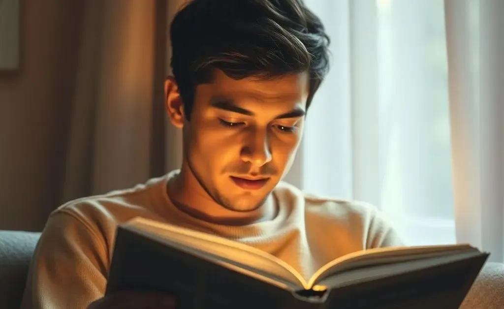 A calm scene of a person reading an investing book with soft lighting