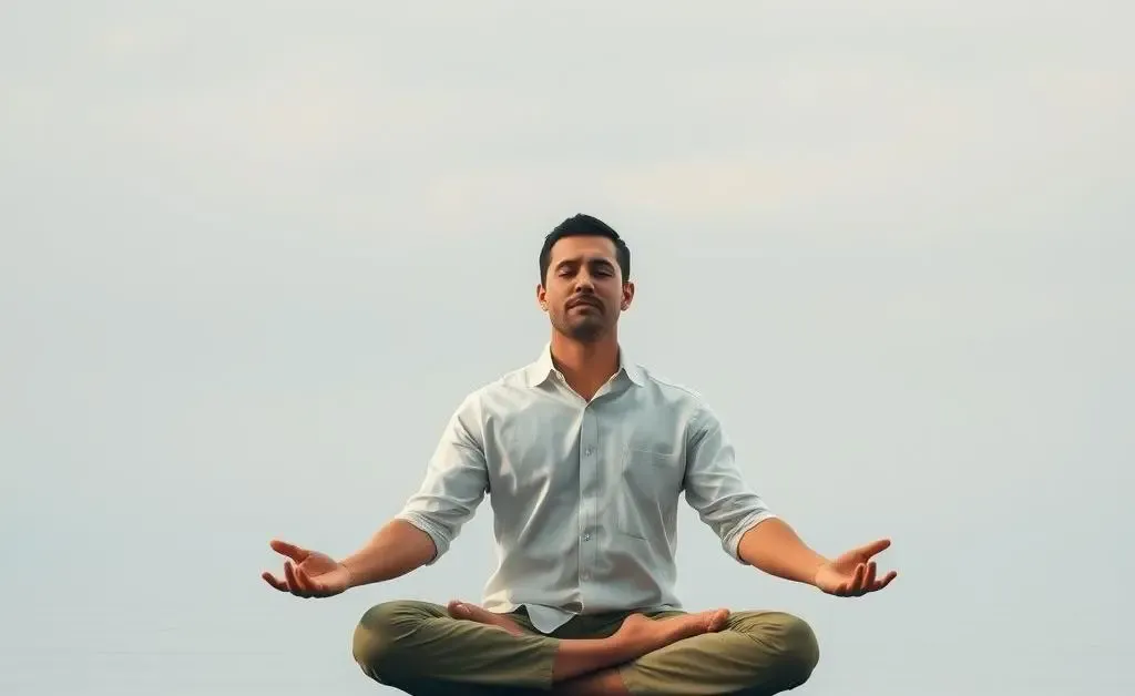 A calm and serene setting with an investor in meditation, symbolizing peace with investment decisions.