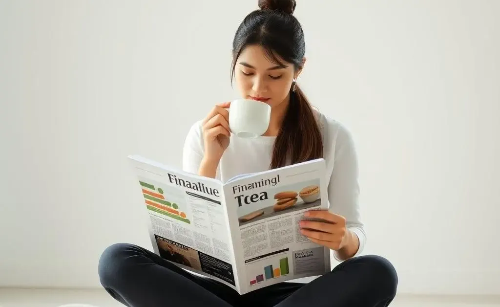 A serene setting where a person is sitting cross-legged, holding a financial magazine and sipping tea, representing calm and strategic planning.