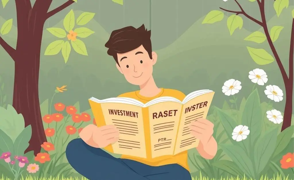 Illustration of a person sitting calmly in a garden, reading an investment book.