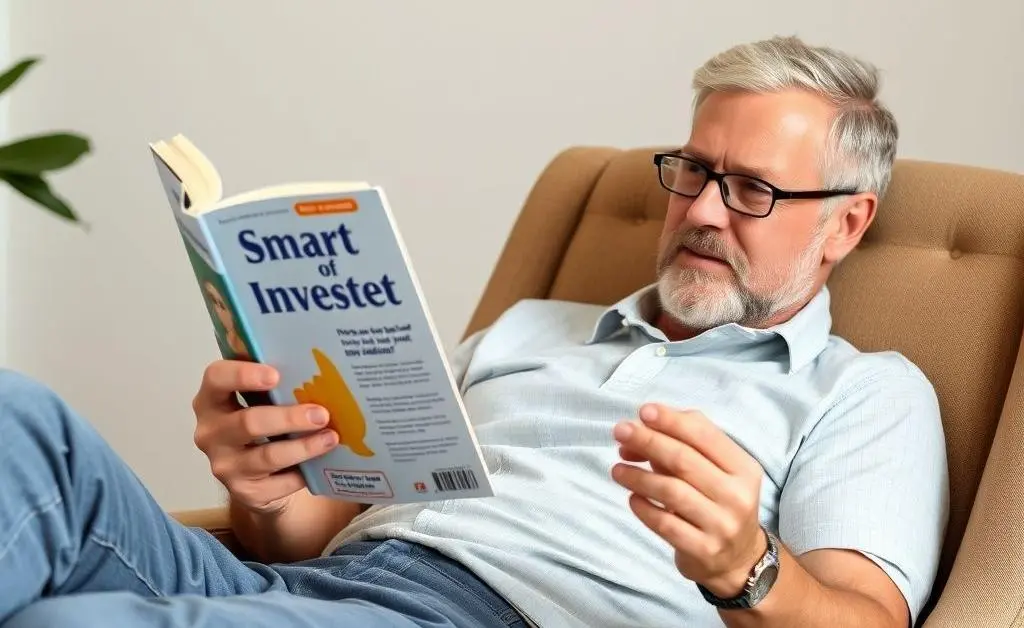 A person relaxing in a chair, reading a book about smart investing.
