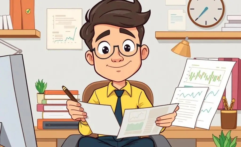 Cartoon-style investor sitting calmly with charts, pens, and a computer in a tidy workspace.